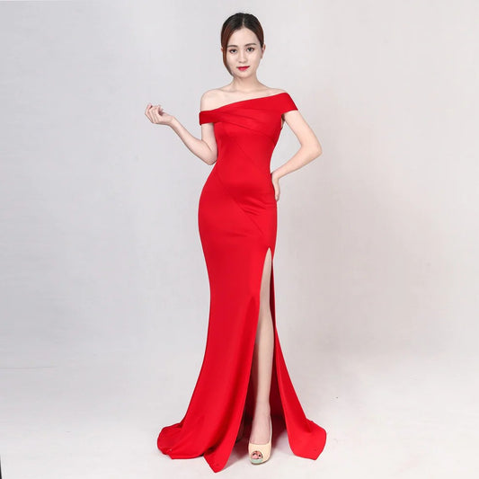 Eva スリットドレス (着丈 サイズオーダー可能) オーダーメイド マーメイドドレス ブラックドレス オフショルダードレス ロングドレス 美脚シルエット 体型補整 高級感 大人セクシー フォーマル ホテルディナー 洗練 夜の余韻 （レッド）