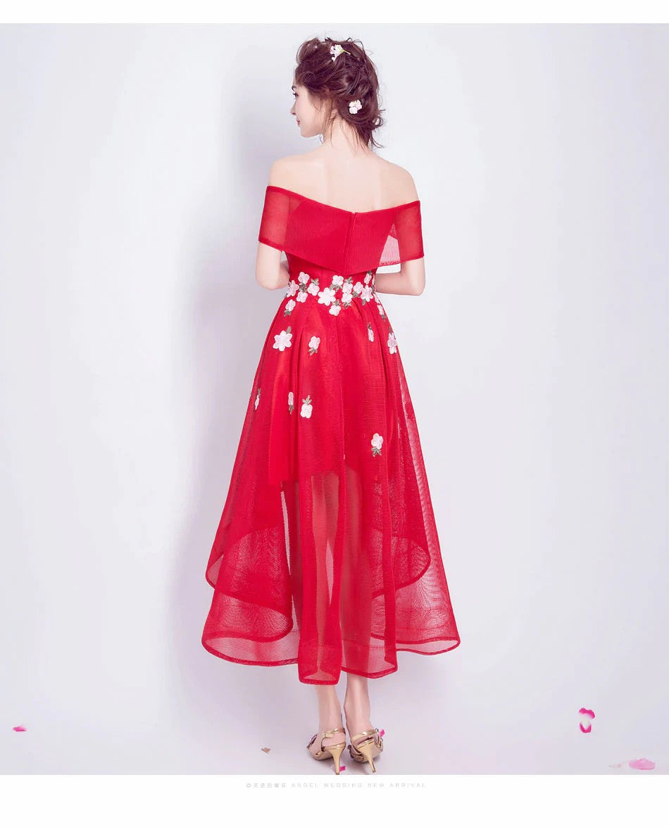 eileen オフショルダードレス (着丈 サイズオーダー可能) オーダーメイド ハイロードレス レッドドレス フラワー刺繍ドレス ミディアムドレス 上質素材 高級感 美シルエット 透明感 体型補整 大人可愛い 静かな華やぎ 日本人女性 プレミアム ラグジュアリー エレガント パーティー フォーマル （レッド）