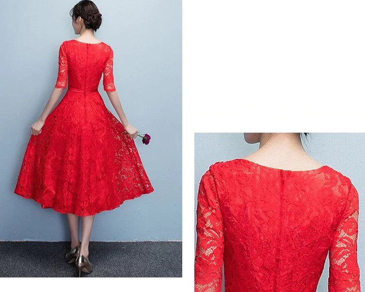 fausta Aラインドレス (着丈 サイズオーダー可能) オーダーメイド ミモレ丈ドレス レースドレス レッドドレス 五分袖ドレス Vネックドレス 上質素材 高級感 美シルエット 透明感 体型補整 大人上品 静かな華やぎ パーティー 日本人女性 プレミアム ラグジュアリー フォーマル エレガント （レッド）