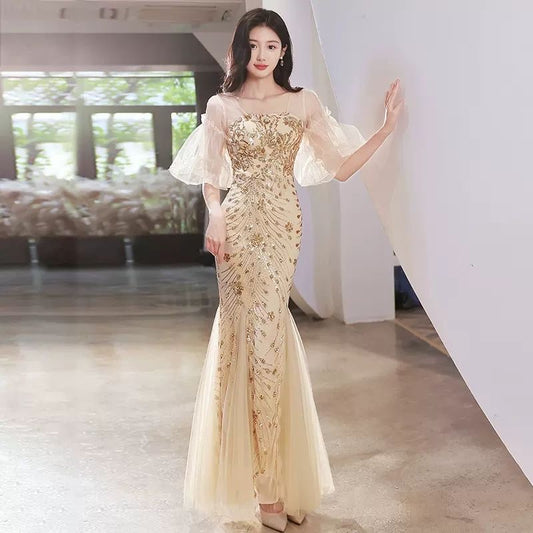 n8000 マーメイドドレス（着丈・サイズオーダー可）オーダーメイド ロングドレス シアースリーブ 赤フラワー刺繍 ヌーディベージュ 美スタイル強調 上品セクシー フォーマルドレス 体型補整 ホテルディナー パーティー（ゴールド）