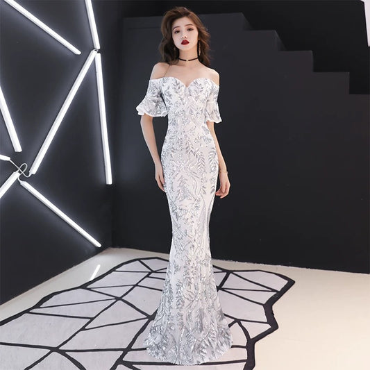 #dgff オフショルダードレス (着丈 サイズオーダー可能) オーダーメイド マーメイドドレス ロングドレス 刺繍ドレス ビジュードレス 上質素材 高級感 美シルエット 透明感 体型補整 大人上品 静かな華やぎ ホテルディナー 特別な夜 日本人女性 プレミアム フォーマル ラグジュアリー パーティー エレガント セレモニー （シルバー）