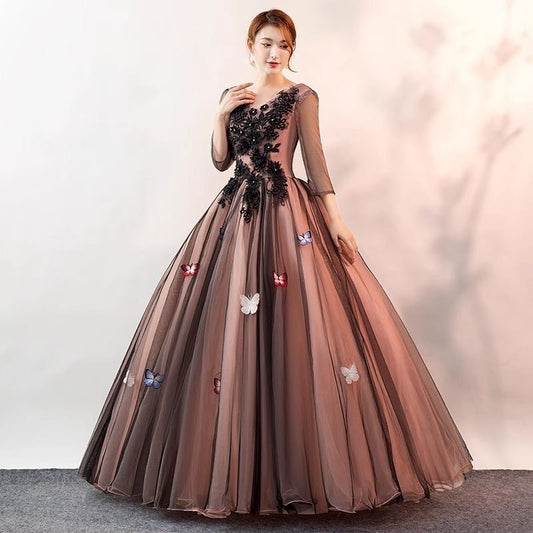 Paquita プリンセスライン (着丈 サイズオーダー可能) オーダーメイドドレス ロングドレス チュールドレス ブラック刺繍 ブラウンカラー 体型補整 袖付きドレス 美シルエット 高級感 クラシカル 演奏会 ホテルディナー （ブラウン）