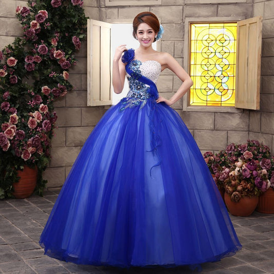 Gertrudis アルカドレス オーダーメイド (着丈 サイズオーダー可能) ロングドレス ロイヤルブルードレス ワンショルダードレス フローラル刺繍ドレス ボリュームドレス パーティードレス 結婚式 ワンピース ロング丈 袖あり レース 体型カバー お呼ばれ 二次会 披露宴 20代 30代 40代 大きいサイズ クラシカル背景 ステンドグラス演出 写真映え 主役級オーラ （ロイヤルブルー×ホワイト）XS S M L XL XXL XXXL