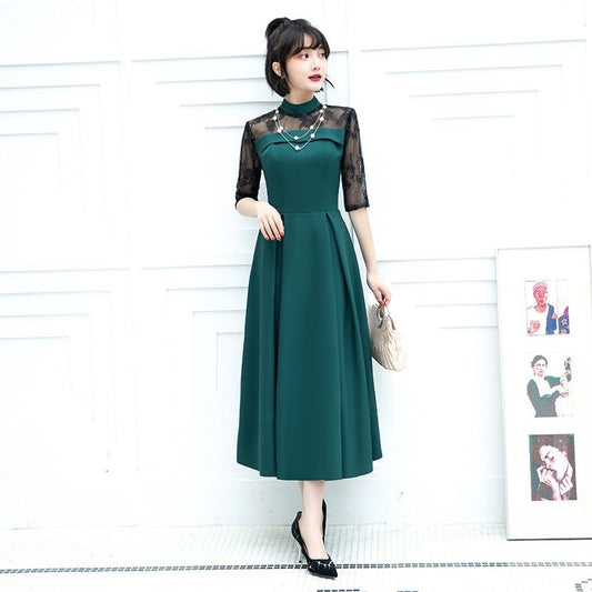 Gudrun ネイビードレス (着丈 サイズオーダー可能) オーダーメイド ミモレ丈ドレス レース袖 ハイネックドレス リボンウエスト 清楚エレガント 上質素材 大人可愛い 気品 フォーマル対応 ホテル会食 セミフォーマル （グリーン）