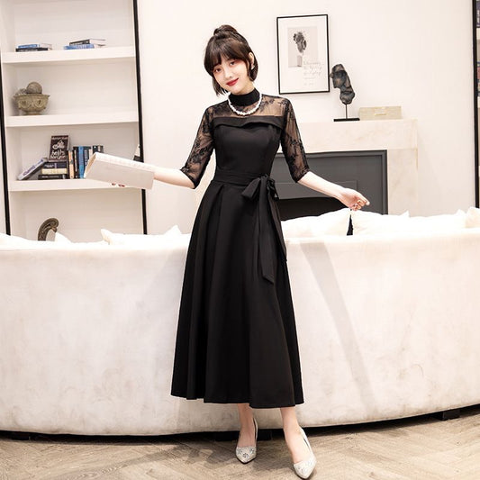 Gudrun ネイビードレス (着丈 サイズオーダー可能) オーダーメイド ミモレ丈ドレス レース袖 ハイネックドレス リボンウエスト 清楚エレガント 上質素材 大人可愛い 気品 フォーマル対応 ホテル会食 セミフォーマル （ブラック）