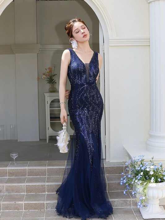 Angustias マーメイドドレス (着丈 サイズオーダー可能) オーダーメイド ネイビードレス Vネックドレス スパンコール刺繍 チュール重ね 美シルエット 体型補整 透明感 高級感 ホテルウェディング フォーマルナイト （ネイビー）