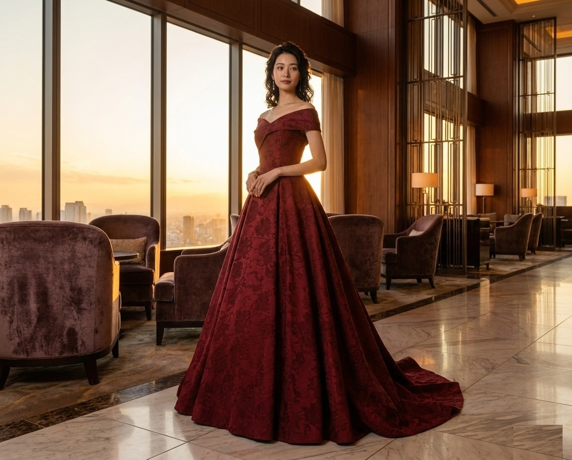 Aitana プリンセスドレス (着丈 サイズオーダー可能) オーダーメイド ロングドレス オフショルダードレス レッドドレス レースドレス Aラインドレス トレーン付き ホテルディナー 大人上品 高級感 演奏会ドレス ラグジュアリー （レッド）