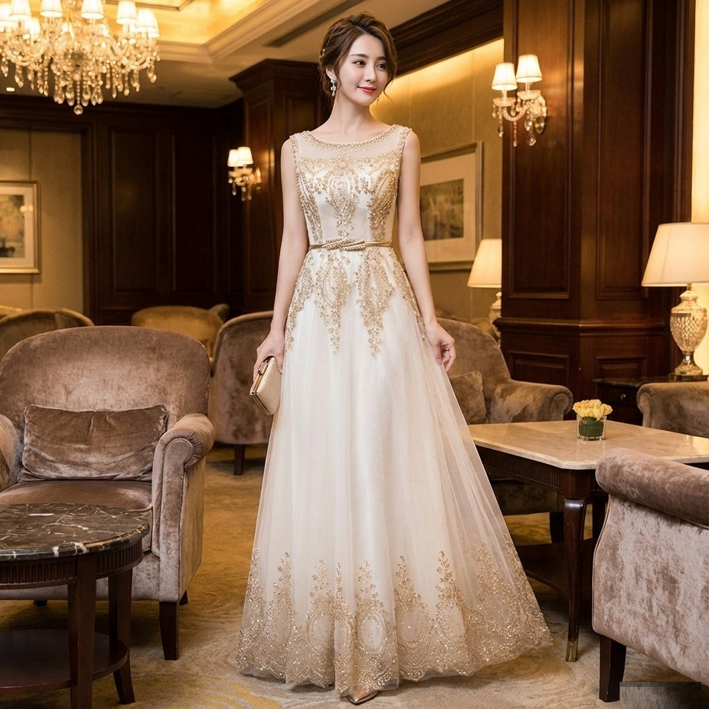 soile (着丈 サイズオーダー可能) オーダーメイド Aラインドレス ロングドレス ノースリーブドレス ビジュードレス レースドレス チュールドレス ホワイト 上質素材 透明感 気品 優美シルエット 体型補整 ウエスト切替 光沢感 クラシックホテル 夜景 照明美 大人女性 フォーマル 結婚式 パーティー 演奏会 二次会 日本人女性向け 高級感（ゴールド）XS S M L XL XXL XXXL