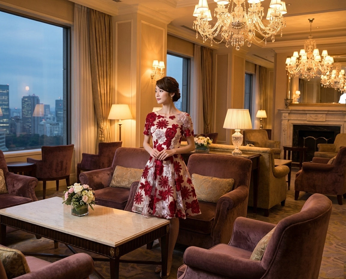 paz Aラインドレス (着丈 サイズオーダー可能) オーダーメイド 高級ドレス パーティードレス フォーマルドレス ミディ丈ドレス 半袖ドレス フラワードレス シフォンドレス 上品 フェミニン 気品 日本人女性 ホテルラウンジ 夜景照明 優雅な時間 美シルエット 楽天市場人気 結婚式二次会 記念日 特別な夜（レッド）