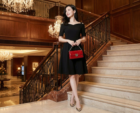 ettore ブラック Aラインドレス ショート フレアシルエット 五分袖 オーダーメイド クラシックラウンジ（ブラック）