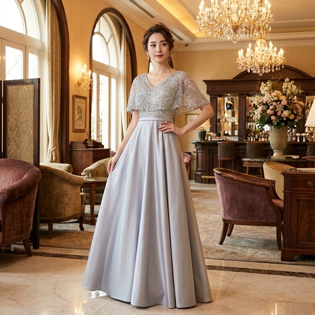 aymonier (着丈 サイズオーダー可能) オーダーメイド Aラインドレス ロングドレス チュールドレス ノースリーブドレス ブルーグレードレス フォーマルドレス 上質素材 エアリーチュール 立体スカート 透明感 気品 美シルエット 柔らかな光 大人女性 正装 結婚式 披露宴 演奏会 晩餐会 パーティー 高級感 日本人女性向け （グレー）XS S M L XL XXL XXXL