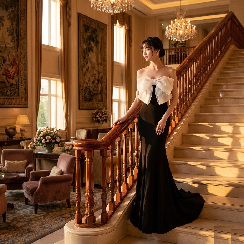 t6211h (着丈 サイズオーダー可能) マーメイドドレス オーダーメイド ロングドレス ノースリーブドレス ブラックドレス バイカラードレス 上質サテン 微光沢 体型補整 美シルエット クラシックホテル 大階段 シャンデリア光 背中美人 気品 大人女性 ラグジュアリー フォーマル 結婚式 演奏会 パーティー 特別な夜 （ブラック）XS S M L XL XXL XXXL