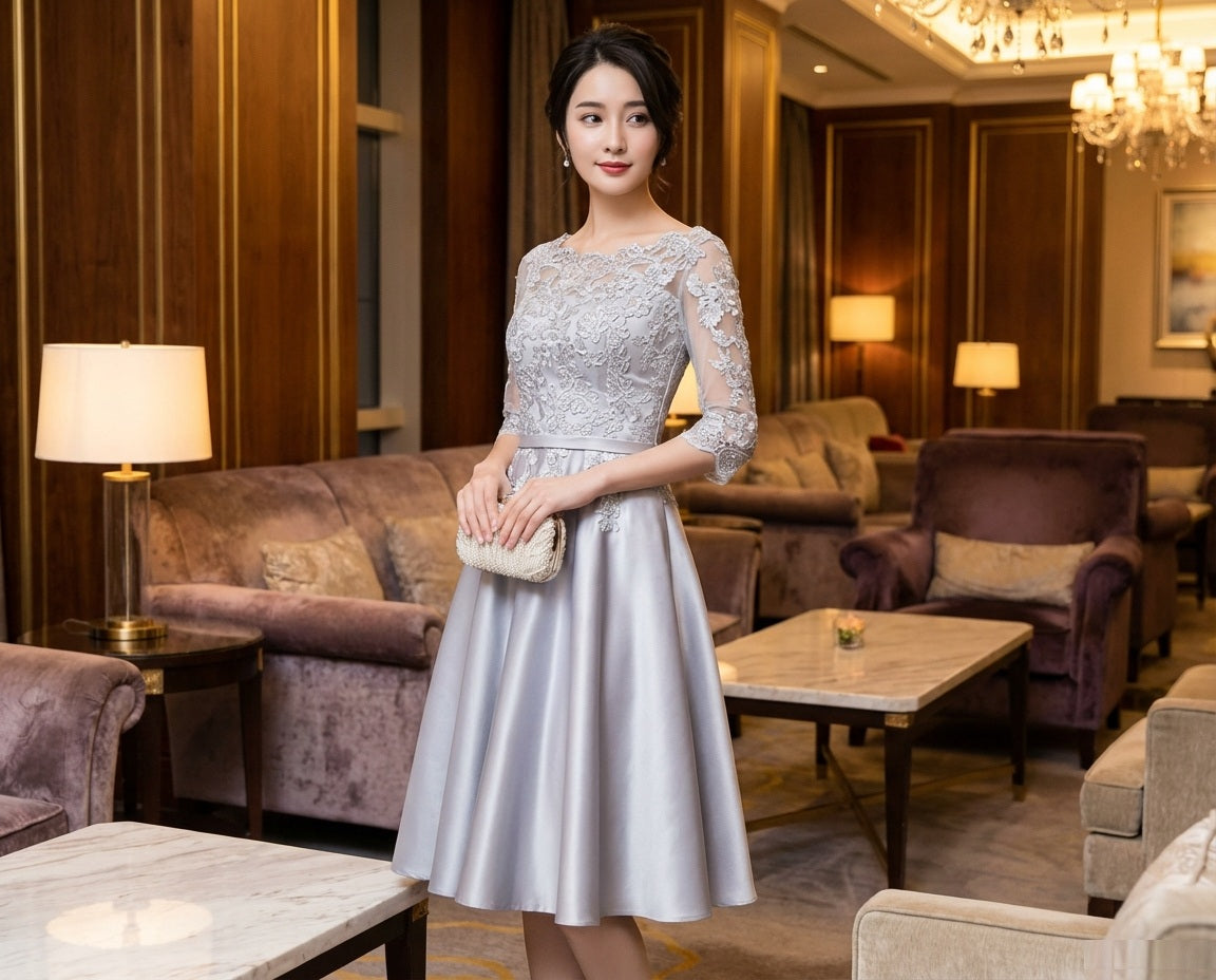 sadie （着丈 サイズオーダー可能） オーダーメイド Aラインドレス ロングドレス グレードレス ブルーグレー 上質サテン 微光沢 透明感 気品 日本人女性 美シルエット 体型補整 知的 大人フォーマル ホテル パーティー （グレー）XS S M L XL XXL XXXL