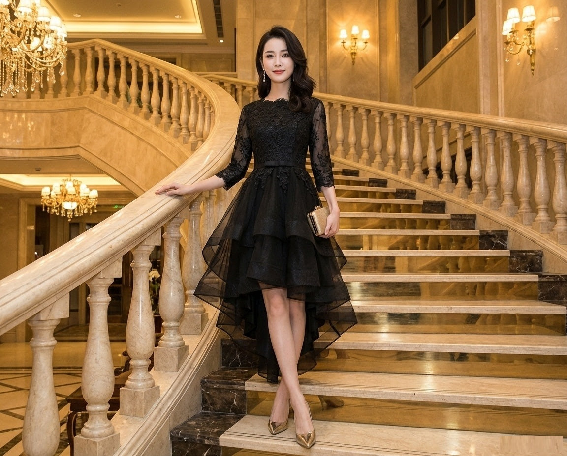 Elise フィッシュテールドレス ブラック レーススリーブ ハイローチュール エレガンスロング オーダーメイド クラシックホテル（ブラック）