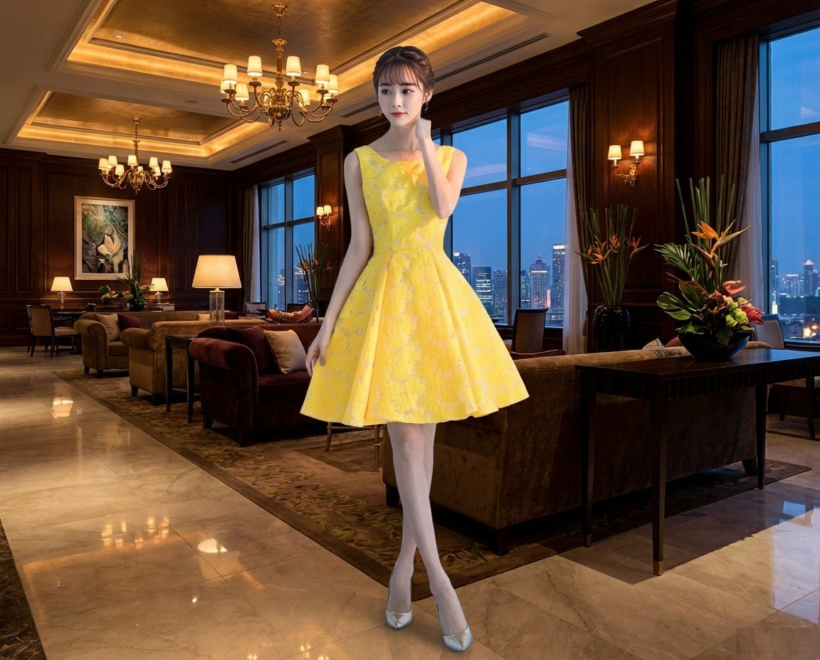 bianca Aラインドレス イエロー S M L XL XXL 即日発送 即納 結婚式 パーティードレス 体型カバー 小柄  ゆったり マタニティ ブラジャー 20代 30代 40代 50代 ブランド ワンピース シャンパン 夏 持ち運び