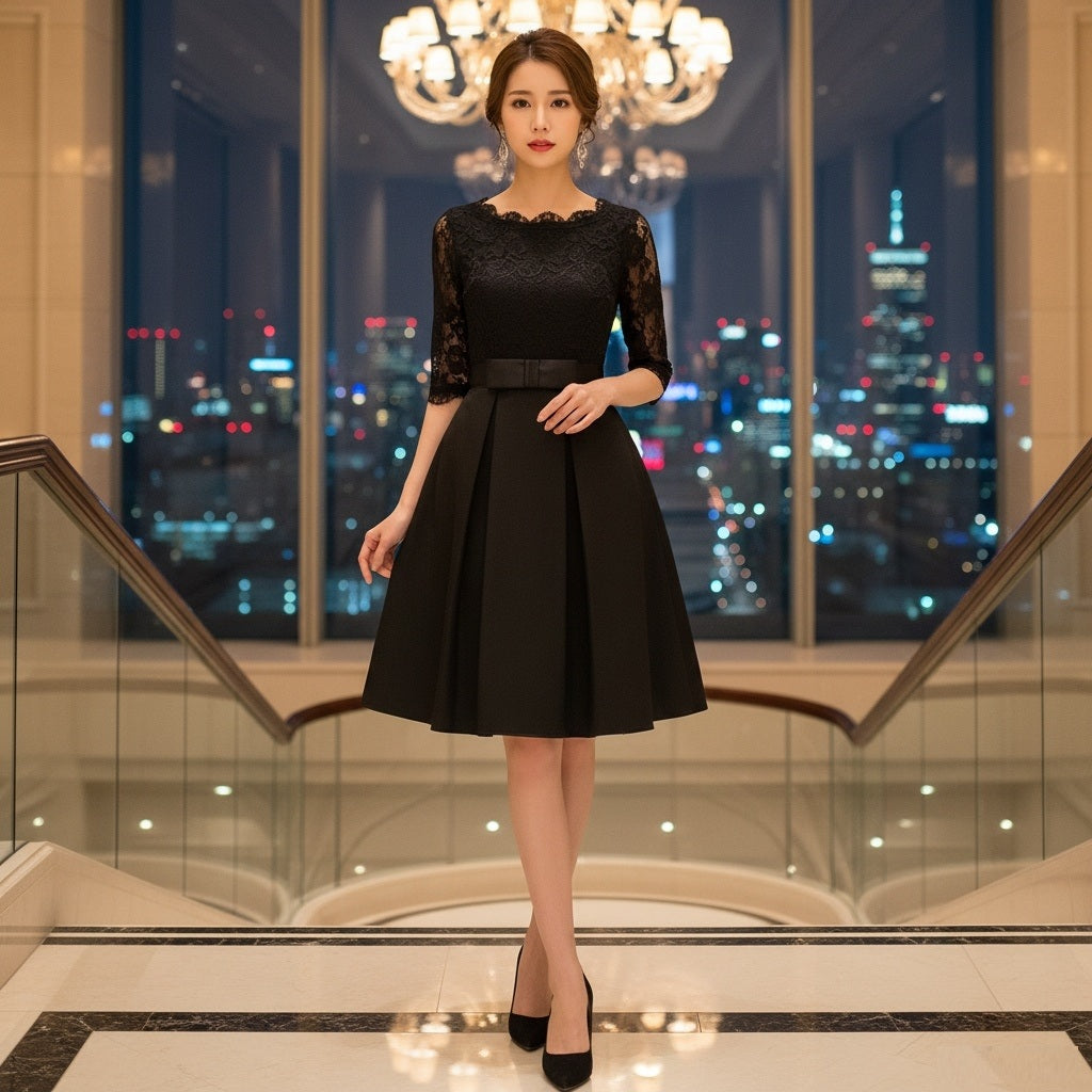 drahuse (着丈 サイズオーダー可能) オーダーメイド ミディドレス フレアドレス ブラックドレス ノースリーブドレス フォーマルドレス 上質素材 フィットアンドフレア 美シルエット 高層ホテル 夜景ライティング シャンデリア光 クラシックモダン 気品 知的 大人女性 正装 結婚式 披露宴 二次会 レセプション パーティー 高級感 日本人女性向け （ブラック）XS S M L XL XXL XXXL