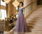 agapito (着丈 サイズオーダー可能) Aラインドレス ロングドレス オーダーメイド ピンク グラデーション チュールドレス サテン切替 ノースリーブ 揺れ感 透明感 優美な広がり 細見えシルエット 気品 ロマンティックエレガンス 大人女性 モデル佇まい ホテル大階段 シャンデリア 特別な夜 フォーマル パーティー 上質ラグジュアリードレス （パープル）XS S M L XL XXL XXXL