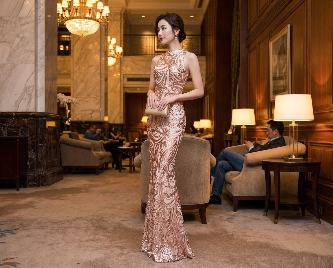 saini マーメイドドレス (着丈 サイズオーダー可能) オーダーメイド スパンコールドレス ヌードベージュドレス ロングドレス ハイネック タイトシルエット 美スタイル 体型補整 高級感 ホテルラウンジ 写真映え 大人フェミニン （ベージュ）