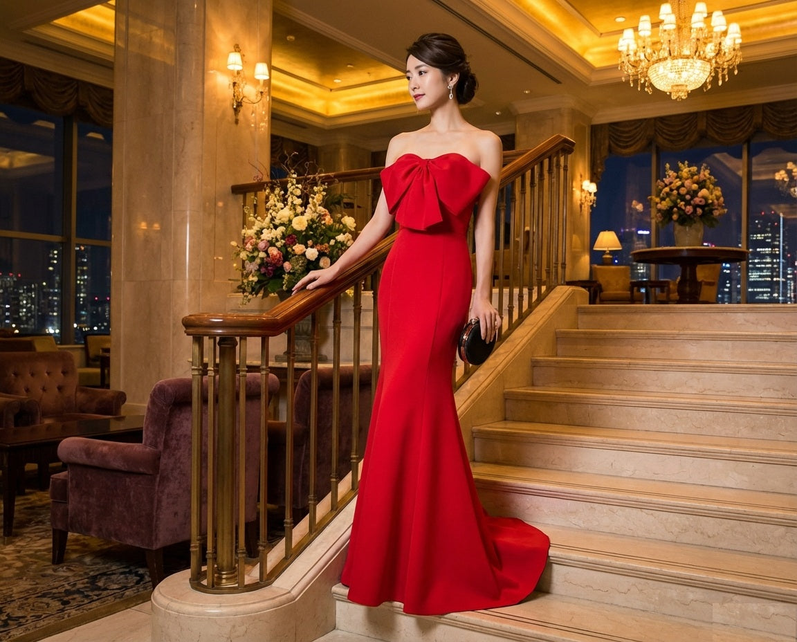 Affre マーメイドドレス (着丈 サイズオーダー可能) オーダーメイド レッド ロングドレス フィッシュテールドレス ノースリーブドレス 高級ドレス イブニングドレス パーティードレス ホテル階段 シャンデリア 夜景 ラグジュアリー 気品 情熱的 大人女性 日本人女性 着用想定 美シルエット 曲線美 主役級 記念日 フォーマル 楽天人気 （レッド）