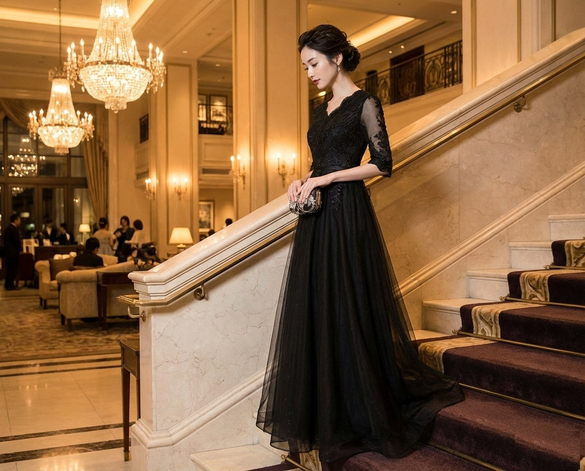 Clara オーダーメイド Aラインドレス ブラック 五分袖レース ロングエレガンス 夜会フォーマル 高級感（ブラック）