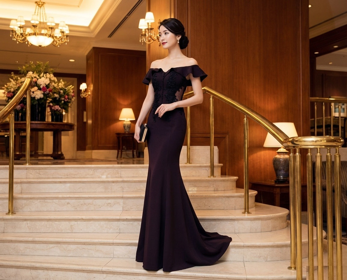 veron オーダーメイド (着丈 サイズオーダー可能) マーメイドドレス オフショルダードレス ロングドレス 上質素材 体型補整 高級感 気品 大人エレガント 優美シルエット ホテルロビー 特別な夜 フォーマル ラグジュアリー （ブラック）XS S M L XL XXL XXXL