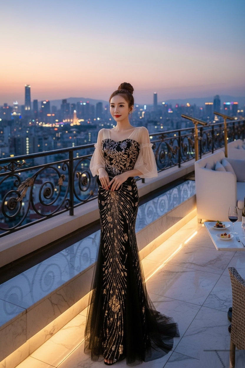 n8000 マーメイドドレス（着丈・サイズオーダー可）オーダーメイド ロングドレス シアースリーブ 赤フラワー刺繍 ヌーディベージュ 美スタイル強調 上品セクシー フォーマルドレス 体型補整 ホテルディナー パーティー（ベージュ×レッド）