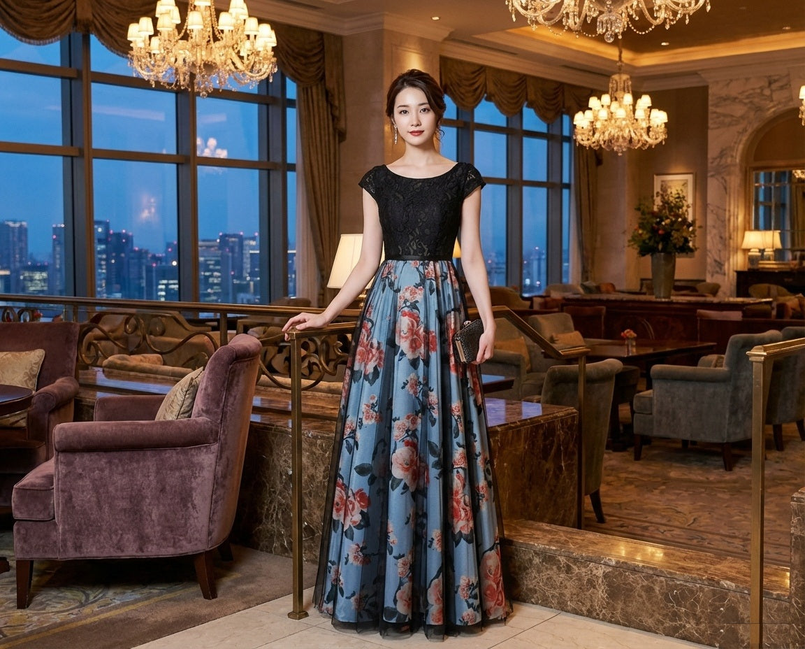 saba（着丈 サイズオーダー可能） オーダーメイド ロングドレス Aラインドレス ブラックトップ フラワードレス マルチカラー 花柄 サテン素材 高級感 上質生地 日本人女性 美シルエット 体型補整 気品 大人エレガンス ホテルラウンジ 夜景 パーティー 特別な夜 （ブラック）XS S M L XL XXL XXXL