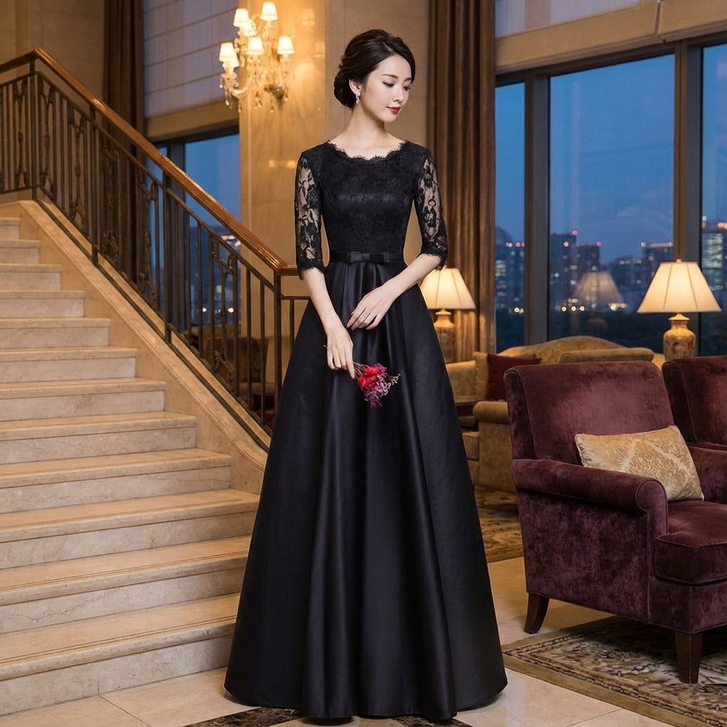 Lobelia オーダーメイド (着丈 サイズオーダー可能) ロングドレス Aラインドレス 七分袖ドレス ブラックドレス レースドレス 総レース サテン調スカート フレアシルエット 体型補整 美シルエット 上質素材 高級感 気品 透明感 大人女性 日本人女性 クラシックホテル 大階段 シャンデリア 夜景 フォーマル パーティー 演奏会 二次会 特別な夜 写真映え （ブラック）XS S M L XL XXL XXXL