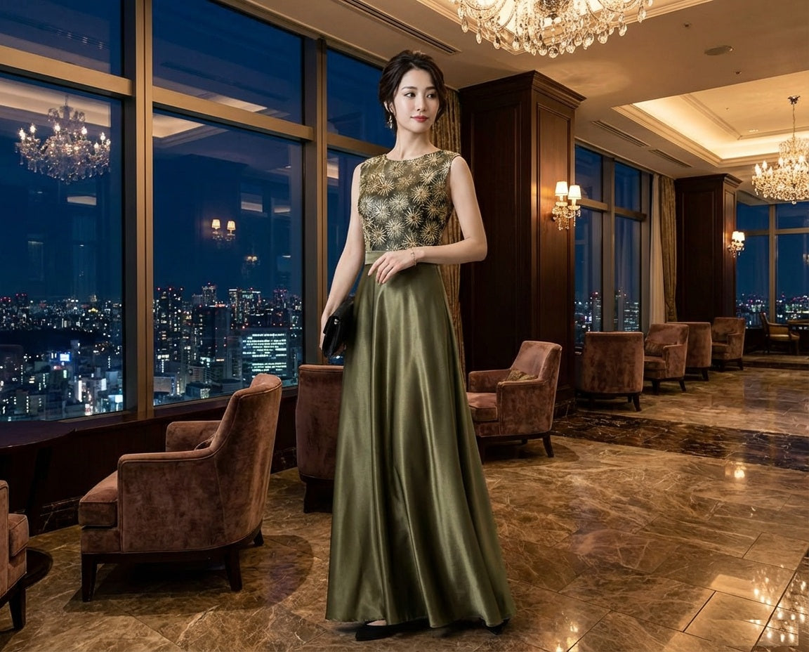 tere ロングドレス (着丈 サイズオーダー可能) オーダーメイド ノースリーブドレス レース刺繍 上質素材 体型補整 美シルエット エレガントライン 透明感 ホテルディナー ナイトシーン 高級感 静かな輝き 大人上品 セレモニー対応 日本人女性向け （グリーン）