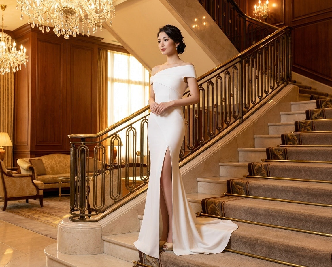 sibilleblue (着丈 サイズオーダー可能) マーメイドドレス ロングドレス ノースリーブドレス オーダーメイド 高級ドレス ホワイトドレス フォーマルドレス パーティードレス 結婚式 演奏会 二次会 宮殿ホテル 大階段 ゴールド照明 上質素材 サテンドレープ トレーン 曲線美 美シルエット 大人女性 気品 透明感 女神 主役級存在感 日本人女性 （ホワイト）XS S M L XL XXL XXXL