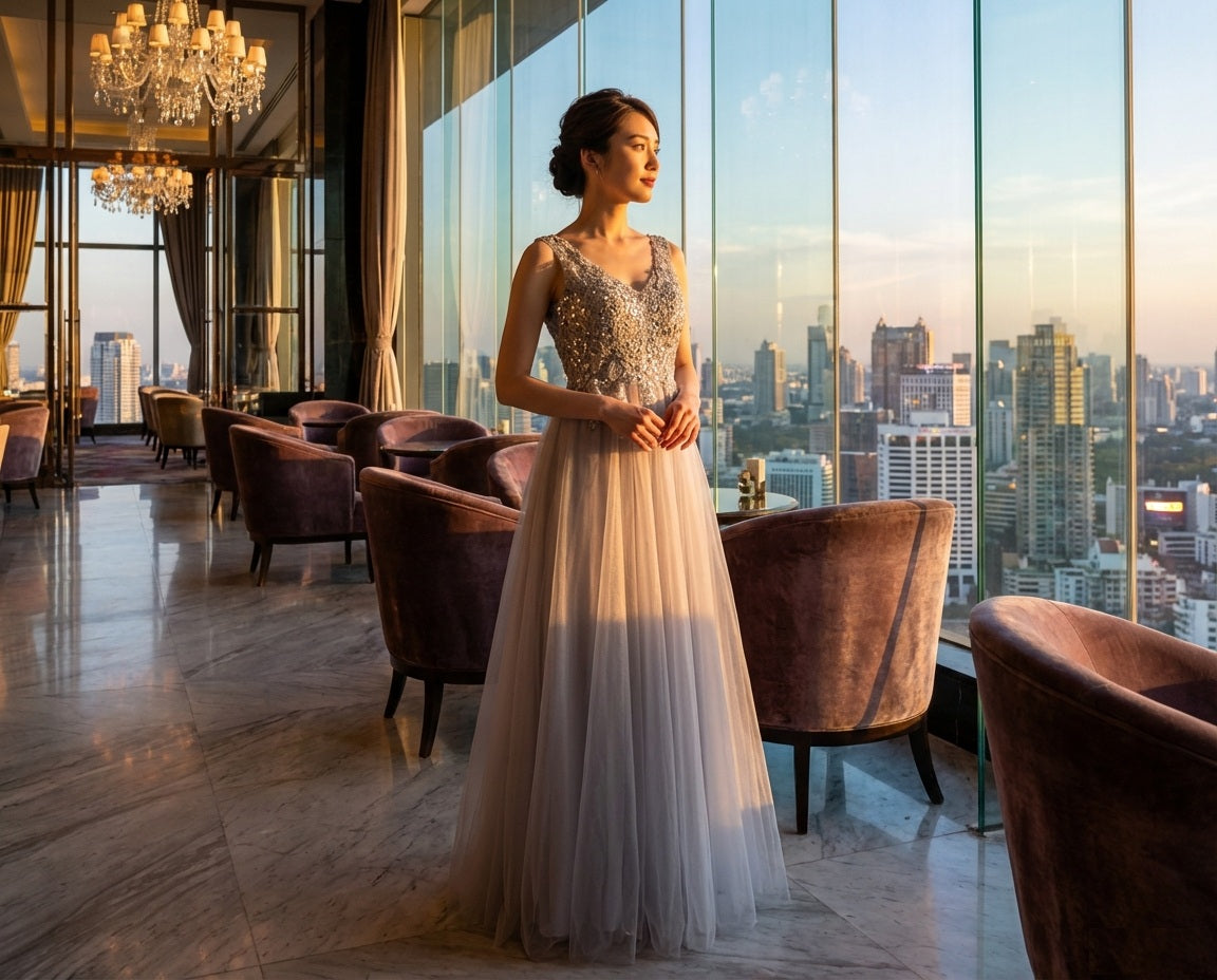 Pippino (着丈 サイズオーダー可能) ロングドレス Aラインドレス ノースリーブドレス パーティードレス オーダーメイド 高級ドレス ラグジュアリー フォーマル イブニング チュールドレス ベージュカラー 透明感 上質素材 日本人女性 美シルエット 体型美化 ウエスト強調 鎖骨映え 気品 洗練 大人可憐 ホテルラウンジ 高層階 夜景光 窓辺シーン 写真映え 主役級 特別な夜 記念日 楽天人気 検索上位 （シルバー）XS S M L XL XXL XXXL