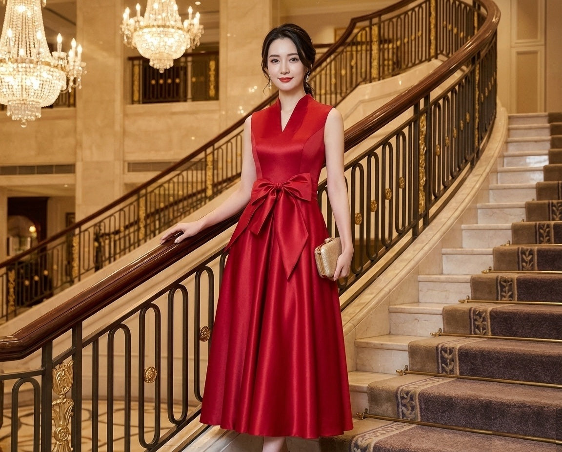 raila Aラインドレス (着丈 サイズオーダー可能) ロングドレス ノースリーブドレス オーダーメイド 高級ドレス ラグジュアリードレス フォーマルドレス パーティードレス イブニングドレス 赤ドレス レッド サテン 光沢素材 落ち感 美シルエット 体型カバー 日本人女性 上品 気品 清楚 大人エレガンス ホテル階段 シャンデリア 光の陰影 特別な夜 主役級 楽天人気 演奏会 結婚式二次会 写真映え （レッド）XS S M L XL XXL XXXL