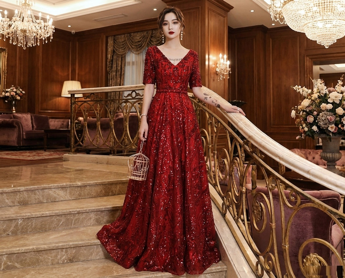 tournier Aラインドレス レッド S M L XL XXL 結婚式 大きいサイズ 演奏会 パーティードレス ロングドレス お呼ばれ ドレス ワンピース 二次会 発表会 母親 フォーマルドレス 袖あり フォーマル パーティー 披露宴 同窓会 アフタヌーン ドレス ママ ドレス ミセス 七分袖 洋装 長袖 マザーズ ドレス 演奏会用 ドレス レディース Aライン