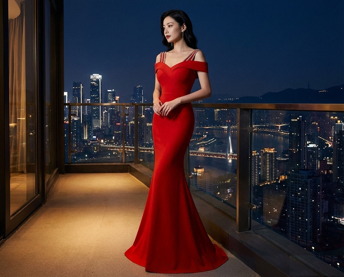 pierron （着丈 サイズオーダー可能） マーメイドドレス オーダーメイド レッド ロングドレス スリットドレス ノースリーブドレス イブニングドレス パーティードレス 高級 ラグジュアリー 大人女性 気品 透明感 情熱 美ライン 曲線美 夜景 高層ホテル バルコニー 特別な夜 主役級 フォーマル 披露宴 二次会 楽天市場 人気検索 （レッド）XS S M L XL XXL XXXL