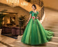 guido Aラインドレス (着丈 サイズオーダー可能) オーダーメイド ロングドレス グリーン エメラルド サテン チュール ノースリーブ ビジュー ウエストマーク フレアシルエット 体型カバー 縦ライン美 気品 華やぎ ホテル大階段 シャンデリア光 特別な夜 晩餐会 演奏会 主役級ラグジュアリードレス （グリーン）XS S M L XL XXL XXXL