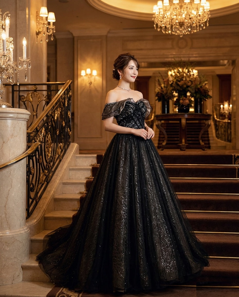 jenifer (着丈 サイズオーダー可能) Aラインドレス オーダーメイド 高級ドレス ロングドレス ボリュームドレス ブラックドレス ストラップレス ベアトップ ビジュードレス ジャカード 刺繍 繊細 気品 圧倒的存在感 大人女性 ホテルウェディング シャンデリア 階段演出 ナイトパーティー 主役級 美シルエット 日本人女性向け 高見え 楽天人気 フォーマルドレス 演奏会 発表会 （ブラック）XS S M L XL XXL XXXL