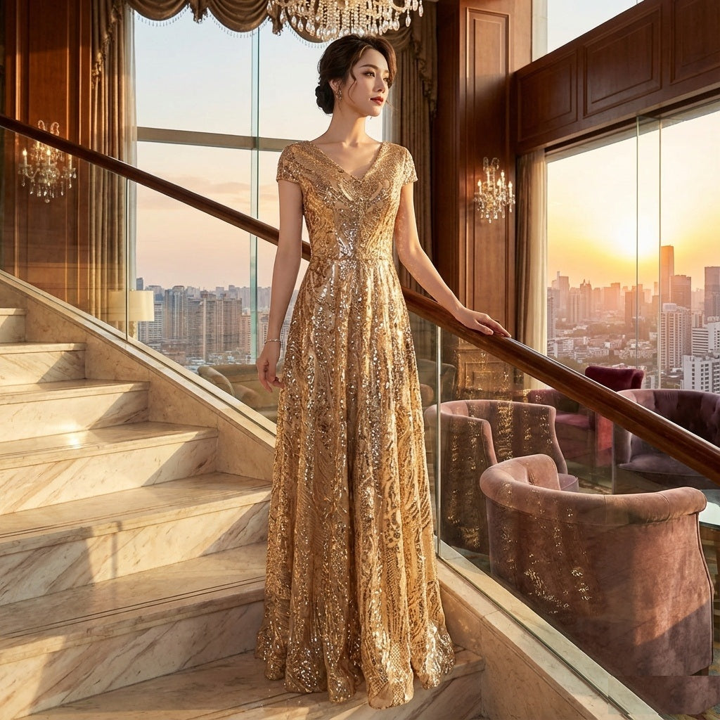raita (着丈 サイズオーダー可能) ロングドレス Aラインドレス スパンコールドレス オーダーメイド イブニングドレス パーティードレス フォーマルドレス ホテルウエディング ゴールドドレス ビジュー 煌めき 繊細刺繍 上質素材 美シルエット 縦ライン強調 大人女性 気品 高級感 優雅 洗練 階段ポージング 夕陽 差し込む光 特別な夜 主役級 存在感 写真映え （ゴールド）XS S M L XL XXL XXXL