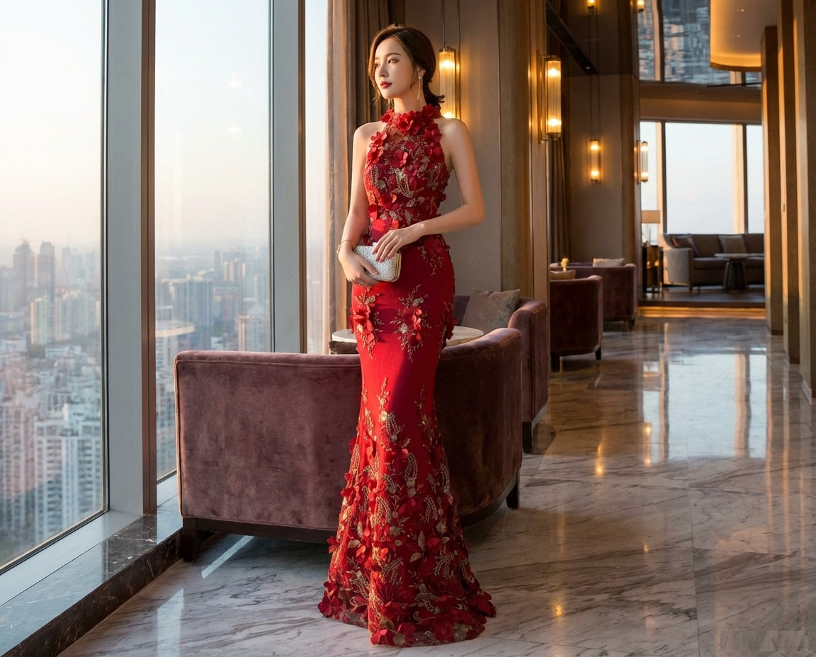 milada （着丈 サイズオーダー可能） マーメイドドレス ロングドレス ノースリーブドレス オーダーメイド 高級 レース スパンコール ビジュー 総刺繍 ボディライン強調 立体裁断 縦長シルエット 脚長効果 透明感 気品 グラマラスエレガンス 都会夜景 ホテルラウンジ 窓辺の光 特別な夜 ガラディナー パーティー 日本人女性 視線を奪う存在感 （レッド）XS S M L XL XXL XXXL