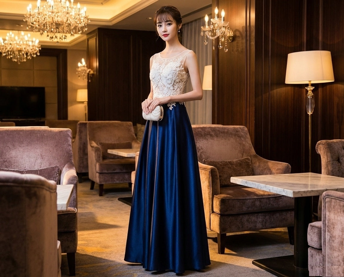 loubet (着丈 サイズオーダー可能) Aラインドレス ロングドレス ノースリーブドレス オーダーメイド 高級ドレス ネイビードレス フォーマルドレス パーティードレス 結婚式 演奏会 二次会 高級ホテル ラウンジ シャンデリア 上質素材 マットサテン フレアライン 美シルエット 大人女性 気品 透明感 知的 洗練 主役級存在感 日本人女性 （ネイビー）XS S M L XL XXL XXXL