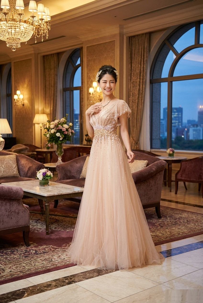 n2002 （着丈 サイズオーダー可能） Aラインドレス ロングドレス オーダーメイド 高級 アプリコット チュールドレス レース刺繍 シアースリーブ 透け感 ウエスト美ライン 軽やか 揺れ感 上品 清楚 大人フェミニン ホテルラウンジ 夜景照明 特別な夜 日本人女性 （アプリコット）XS S M L XL XXL XXXL