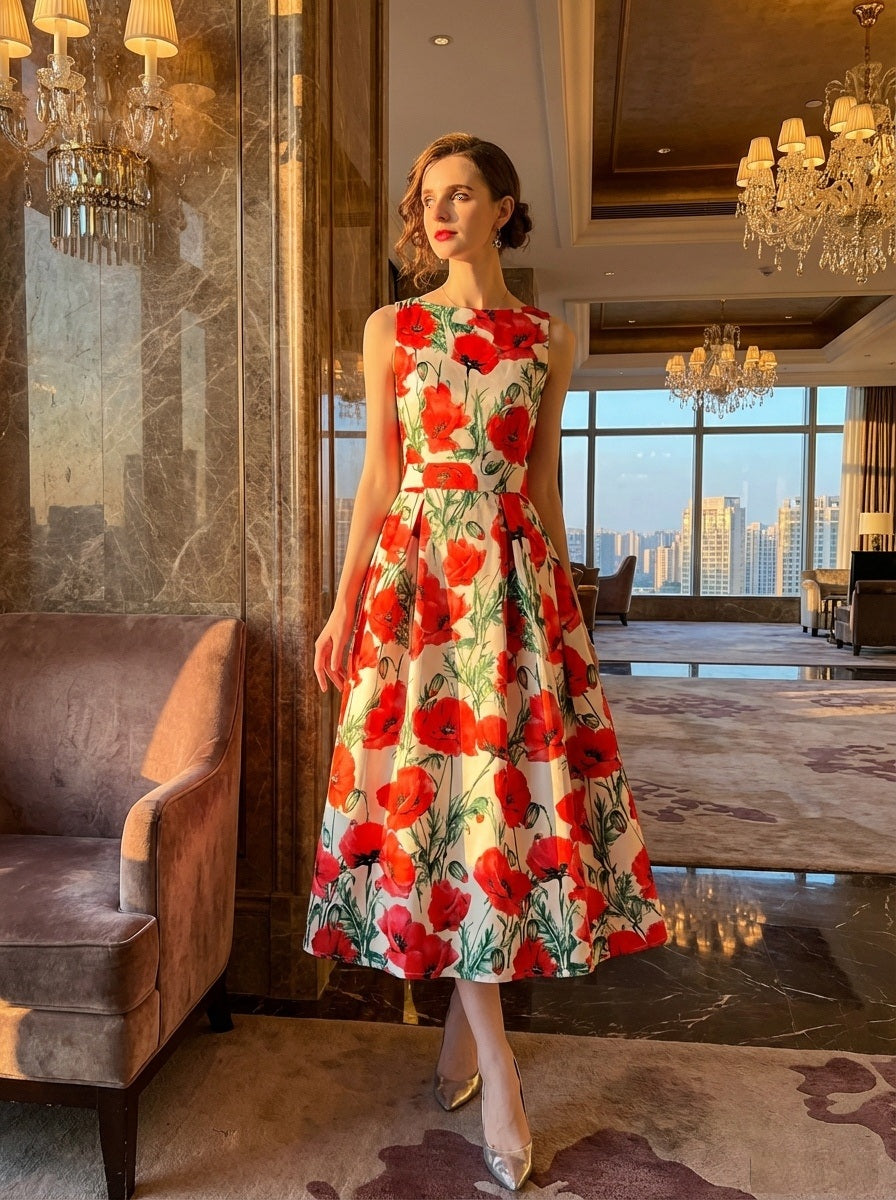 3-jfj7 Aラインドレス (着丈 サイズオーダー可能) オーダーメイド フラワープリントドレス ミディ丈ドレス ノースリーブドレス 美シルエット 上質素材 高級感 透明感 清楚 エレガント 大人上品 揺れ感 日本人女性 ホテルディナー パーティー 結婚式 披露宴 二次会 フォーマル セレモニー プレミアム 華やかさ （ホワイトレッド）