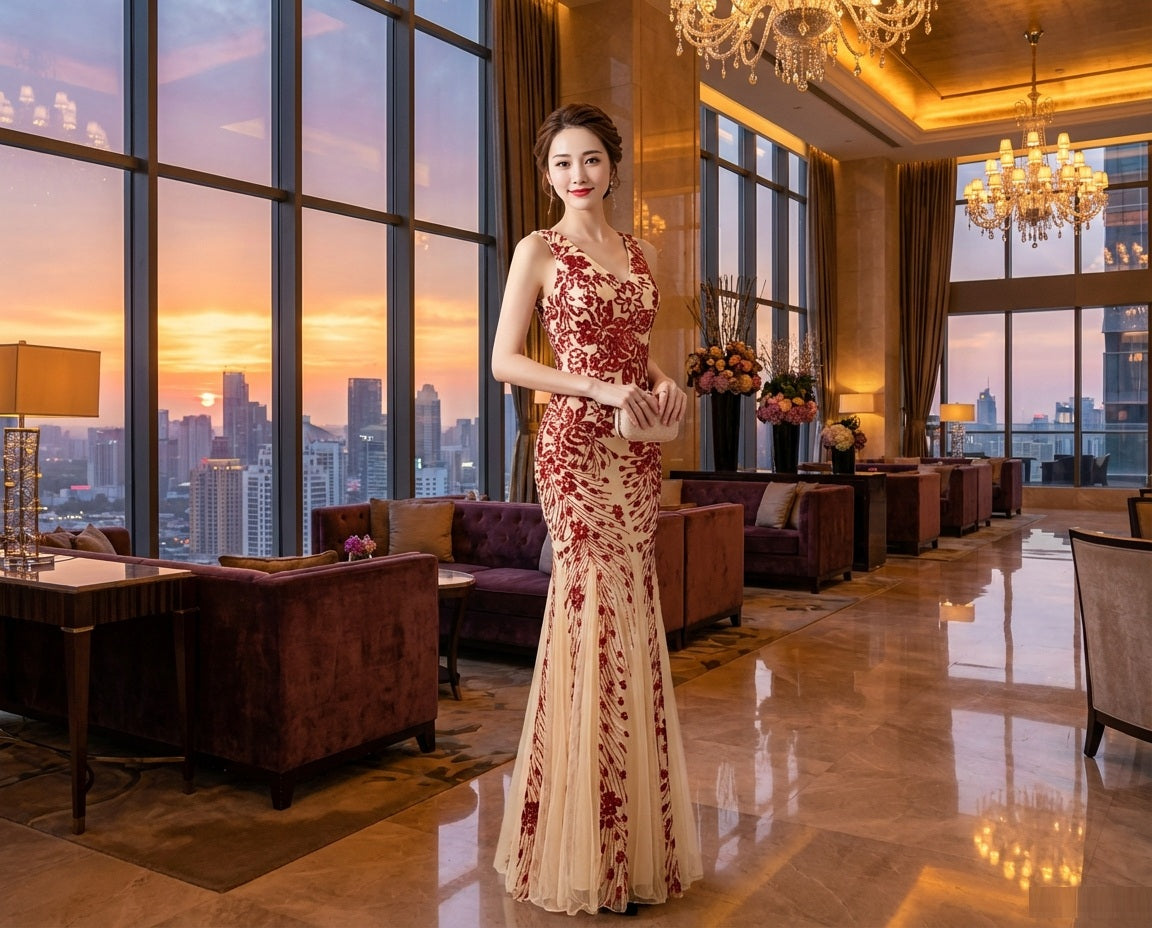 zora (着丈 サイズオーダー可能) オーダーメイド マーメイドドレス ロングドレス ノースリーブドレス 高級ドレス イブニングドレス パーティードレス フォーマル 演奏会 ホテルパーティー レースドレス フラワーレース ビジュー装飾 立体刺繍 繊細な輝き 縦ライン強調 美シルエット 日本人女性向け 気品 透明感 大人の余裕 窓辺ポーズ 夕景ライティング 夜へ続く特別な時間 主役級存在感 楽天人気対策（ベージュ/レッド）