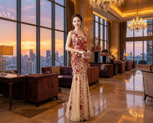 zora (着丈 サイズオーダー可能) オーダーメイド マーメイドドレス ロングドレス ノースリーブドレス 高級ドレス イブニングドレス パーティードレス フォーマル 演奏会 ホテルパーティー レースドレス フラワーレース ビジュー装飾 立体刺繍 繊細な輝き 縦ライン強調 美シルエット 日本人女性向け 気品 透明感 大人の余裕 窓辺ポーズ 夕景ライティング 夜へ続く特別な時間 主役級存在感 楽天人気対策（ベージュ/レッド）