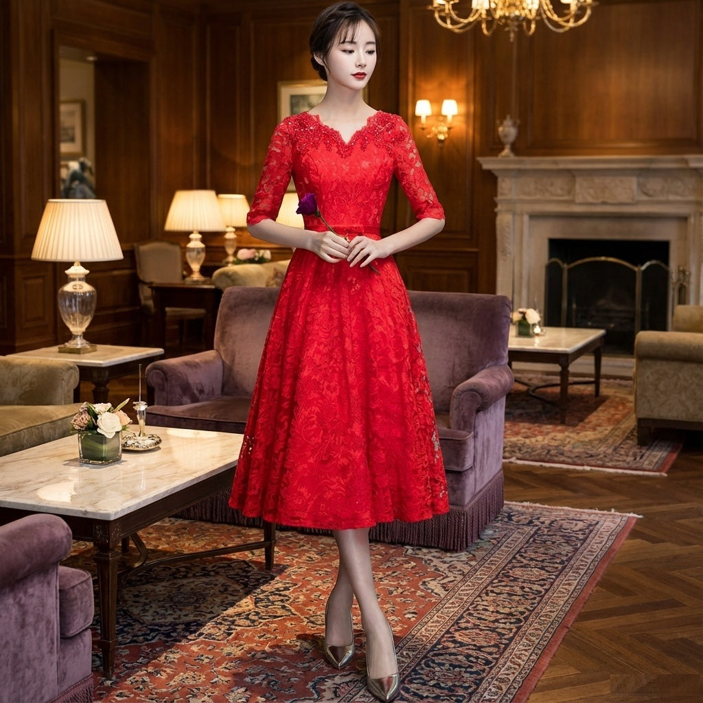 fausta Aラインドレス (着丈 サイズオーダー可能) オーダーメイド ミモレ丈ドレス レースドレス レッドドレス 五分袖ドレス Vネックドレス 上質素材 高級感 美シルエット 透明感 体型補整 大人上品 静かな華やぎ パーティー 日本人女性 プレミアム ラグジュアリー フォーマル エレガント （レッド）