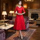 fausta Aラインドレス (着丈 サイズオーダー可能) オーダーメイド ミモレ丈ドレス レースドレス レッドドレス 五分袖ドレス Vネックドレス 上質素材 高級感 美シルエット 透明感 体型補整 大人上品 静かな華やぎ パーティー 日本人女性 プレミアム ラグジュアリー フォーマル エレガント （レッド）