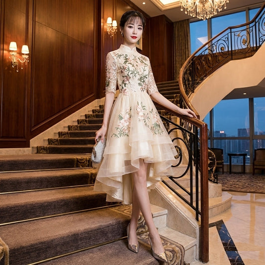 Emilia フィッシュテールドレス ハイローシルエット 花柄刺繍 五分袖レース オーダーメイド （アプリコット）