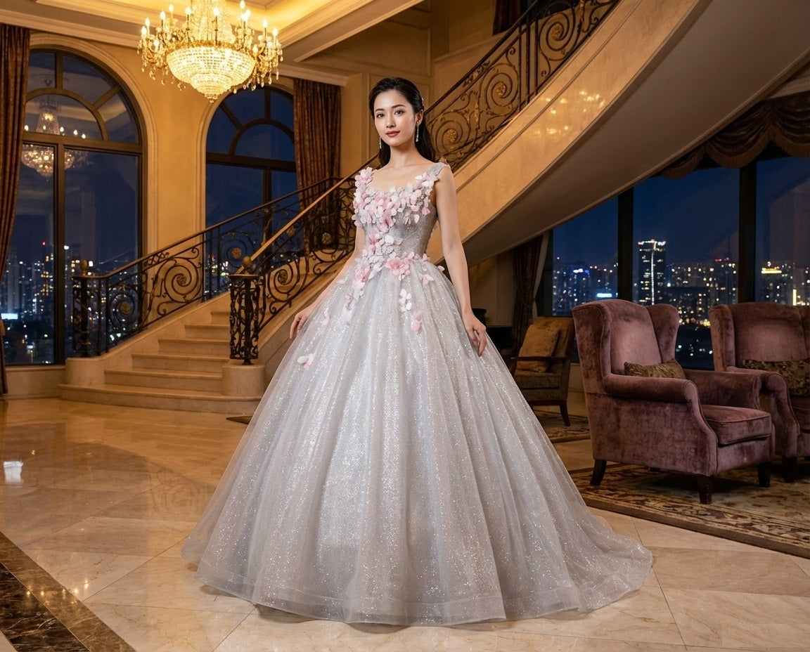 letizia オーダーメイド Aラインドレス (サイズオーダー可能) ロングドレス グレーチュールドレス 立体フラワーモチーフ ビジュー刺繍 プリンセスライン 透明感 ラグジュアリー ホテルディナー フォーマル 特別な夜 （シルバーグレイ）