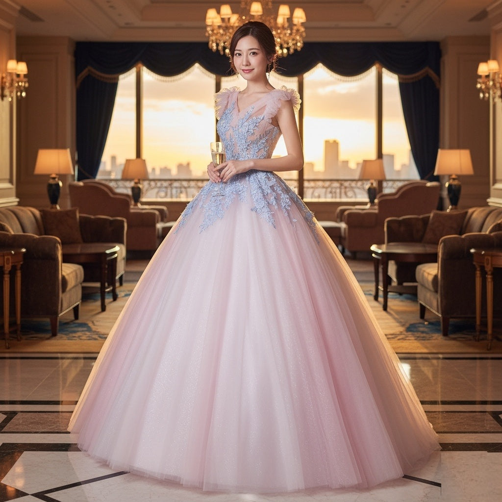 taddeo Aラインドレス (着丈 サイズオーダー可能) オーダーメイド プリンセスドレス チュールドレス ビジュードレス レース刺繍 上質素材 高級感 ラグジュアリー 透明感 花嫁ドレス フォーマルドレス 演奏会ドレス 結婚式 特別な夜 大人フェミニン 優雅シルエット 幸福感漂う装い （ピンク）XS S M L XL XXL XXXL