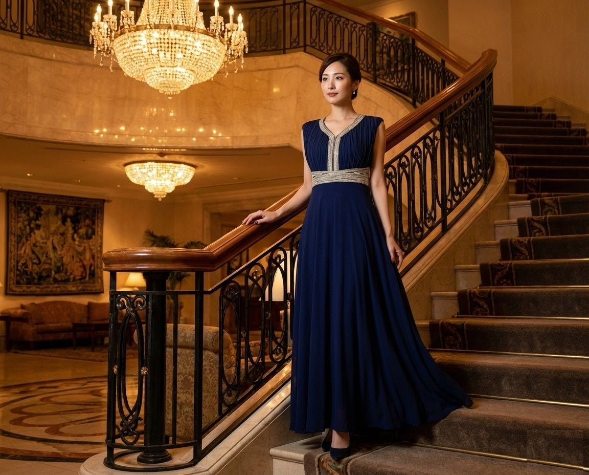 geranium ロングドレス (着丈 サイズオーダー可能) オーダーメイド ネイビードレス ストレートシルエット ビジュー装飾ドレス ノースリーブドレス 体型補整 美スタイル 上質素材 高級感 ホテルディナー フォーマル （ネイビー）