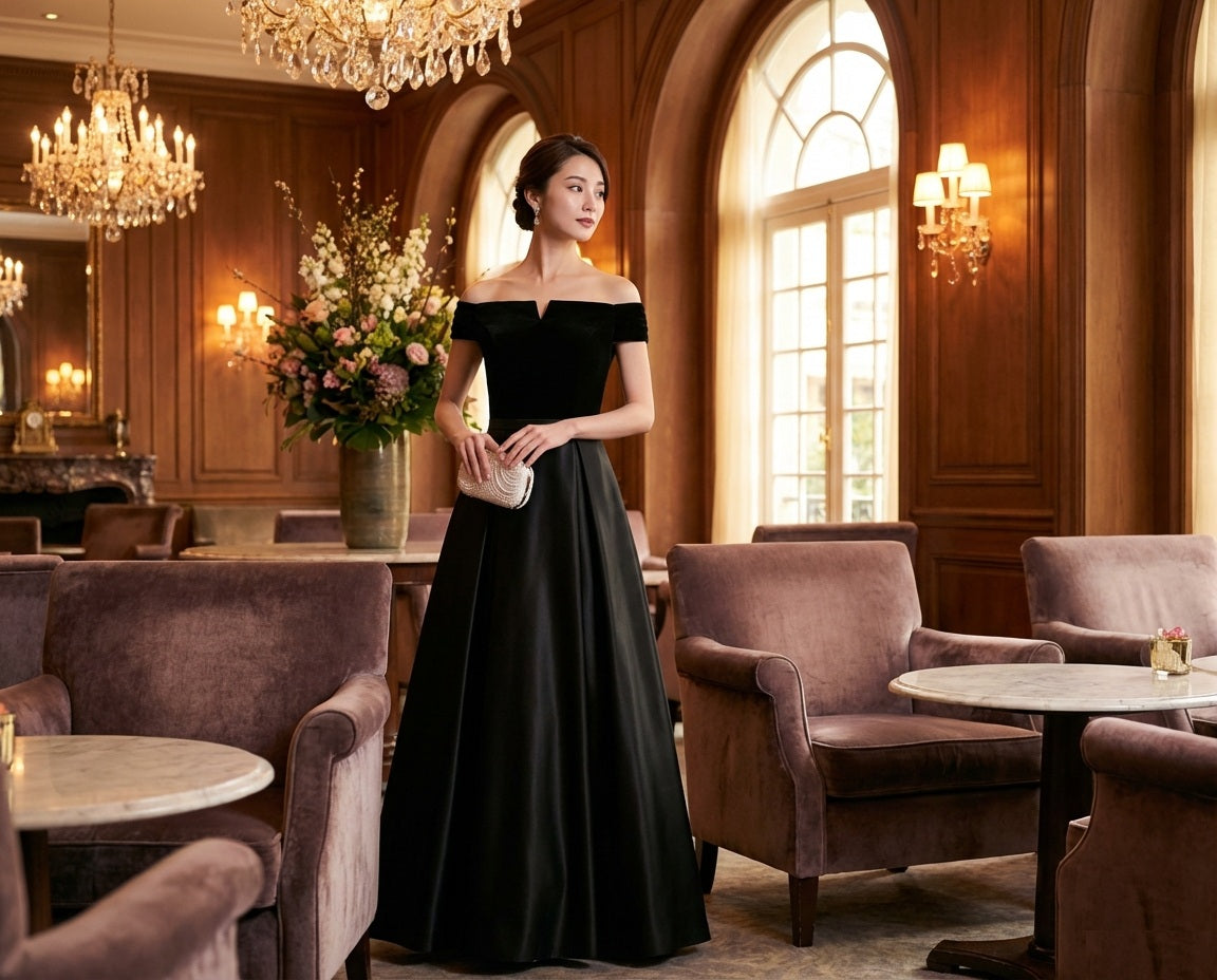 9018 マーメイドドレス (着丈 サイズオーダー可能) オーダーメイド ロングドレス オフショルダードレス ブラックドレス 上質サテン 微光沢素材 デコルテ美人 縦ライン強調 美シルエット クラシックホテル ラウンジ 夜光 気品 大人女性 ラグジュアリー フォーマル 結婚式 演奏会 パーティー 特別な夜 （ブラック）